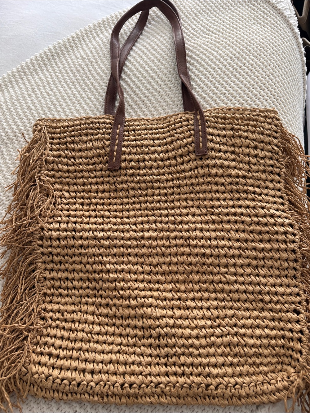 Woven Fringe Tote Bag with Brown Handles - Tan